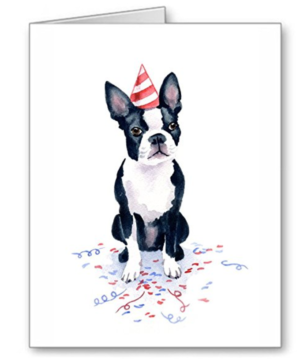 Cute Boston Terrier birthday party watercolor print card