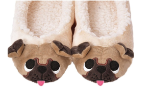 warm slippers with pug dog face - faux wool