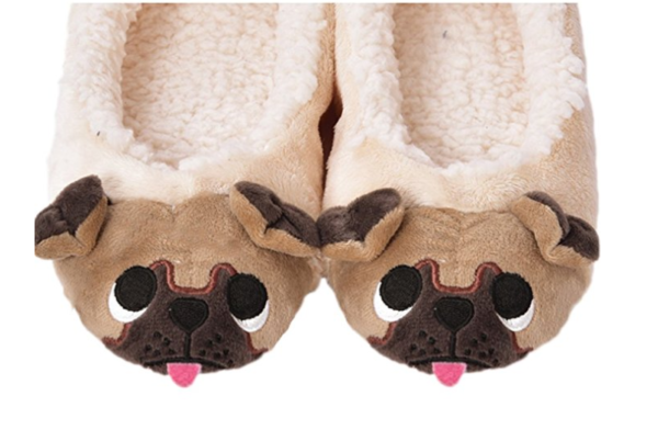 warm slippers with pug dog face - faux wool