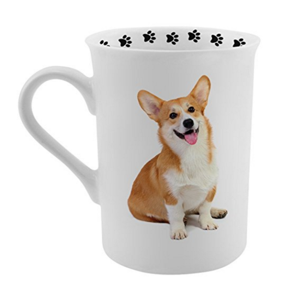 photo of corgi on a coffee mug paw prints on the rim top